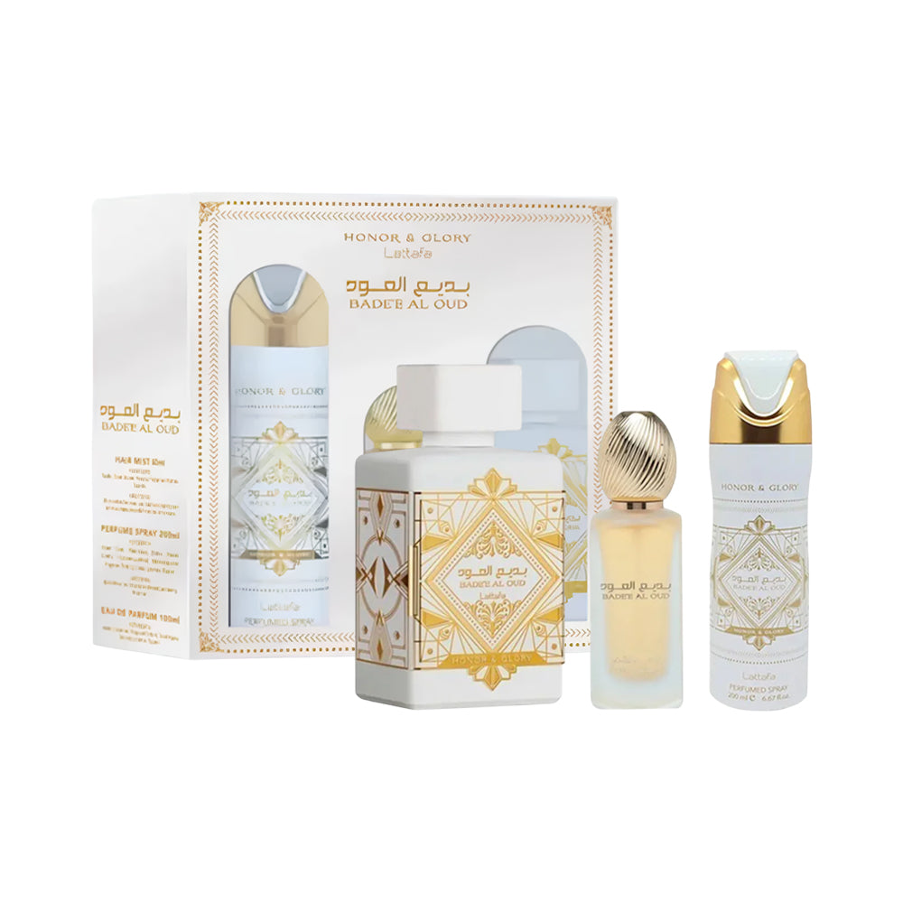 Kit Lattafa Bae'e Al Oud Honor & Glory - Edp 100ml + Hair Mist 50ml + Desodorante 200ml