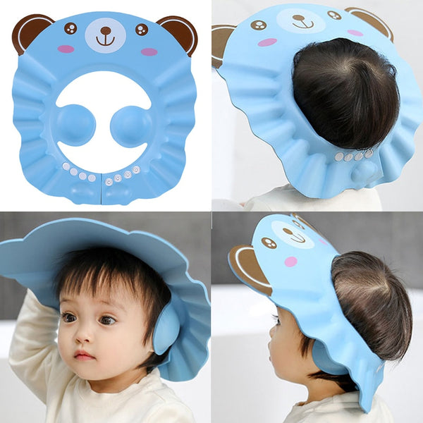 Touca de banho ajustável para bebê com proteção auricular